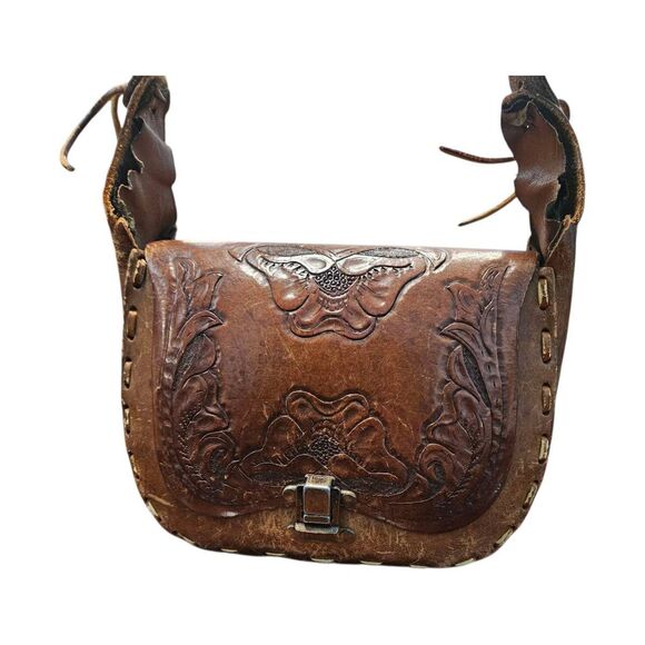 Vintage Hand Tooled Leather Bag Purse Shoulder Bag Brown - Picture 2 of 13
